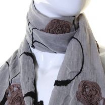 Grey Cotton Flower Embroidered Scarf
