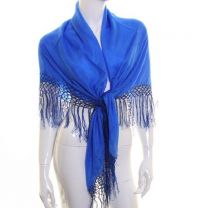 Blue Large Square Silk Scarf with Tassels